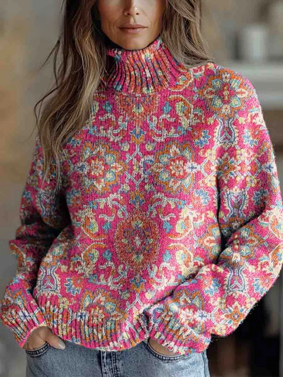 Mildred | Retro floral ethnic print high-collar sweater